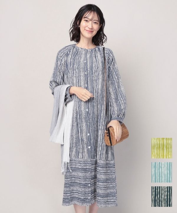 ゆれるストライププリントコットン前開ワンピース｜KANKAN ONLINE SHOP