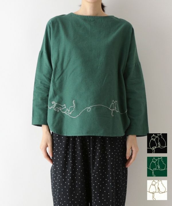 ねこのひと筆刺繍起毛コットンリネンブラウス｜KANKAN ONLINE SHOP【公式】