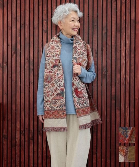 鳥＆草花柄ジャガードショール(リバーシブル）｜KANKAN ONLINE SHOP