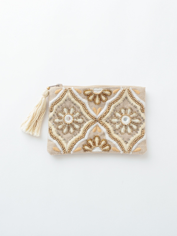 ビーズ刺繍ミニフラットポーチ 15×10cm （3カラー）｜KANKAN
