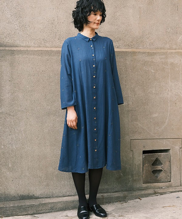 綿麻星降る刺繍 シャツワンピース｜KANKAN ONLINE SHOP【公式】