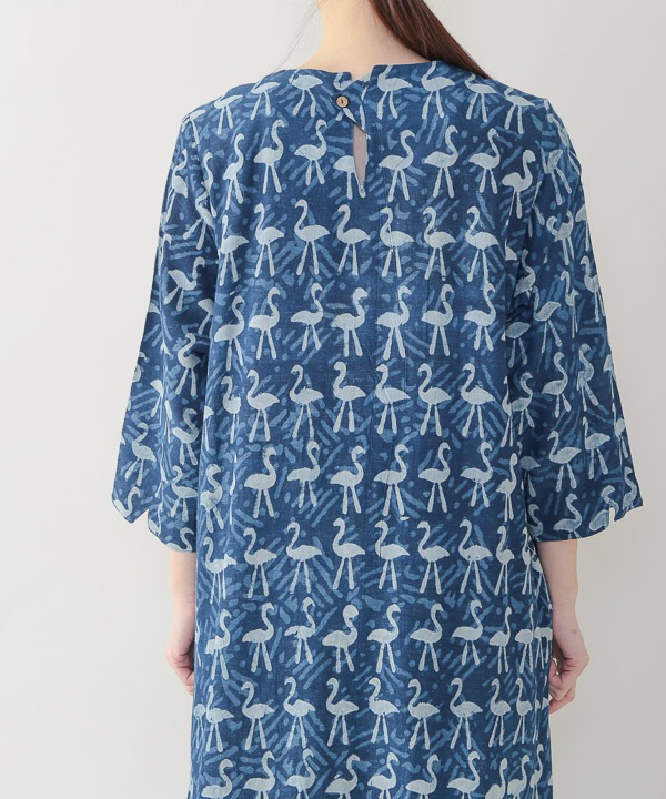 綿麻レーヨン多忙なフラミンゴさんダブプリントワンピース