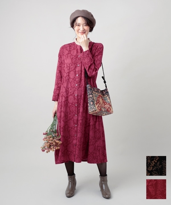 花刺繍風プリント細畝コーデュロイシャツワンピース｜KANKAN ONLINE
