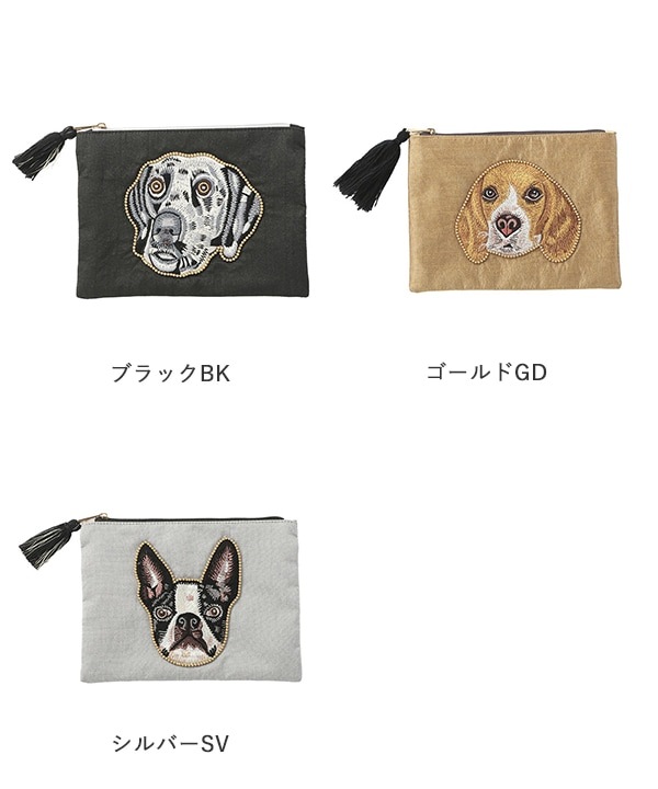 Enjeau 日本製 犬柄刺繍 メッシュ フラットポーチ プードル