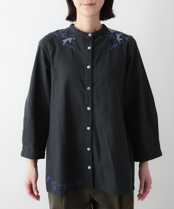 CAT刺繍コットンリネンロングブラウス｜KANKAN ONLINE SHOP【公式】