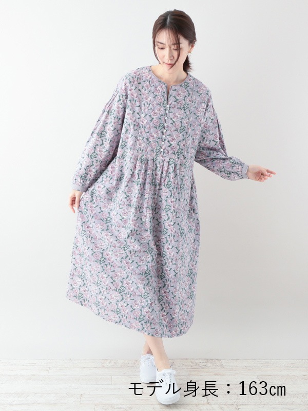 ワンピース kan 30％OFF】ブルー1点限り/フローラルブロックプリント ワンピース（3