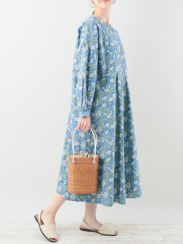 30％OFF】ブルー1点限り/フローラルブロックプリント ワンピース（3