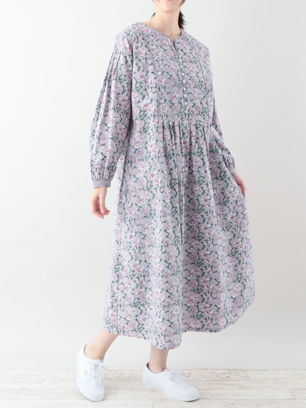 30％OFF】ブルー1点限り/フローラルブロックプリント ワンピース（3