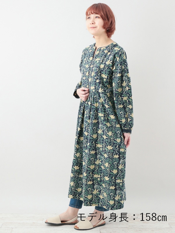 A28 Dipta XL 濃セージxくすみピンク ワンピ ブロックプリント