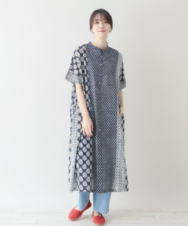 セザンヌ オーガニックコットン パッチワークプリント ワンピ ブロックプリントパッチワークコットンワンピース｜KANKAN