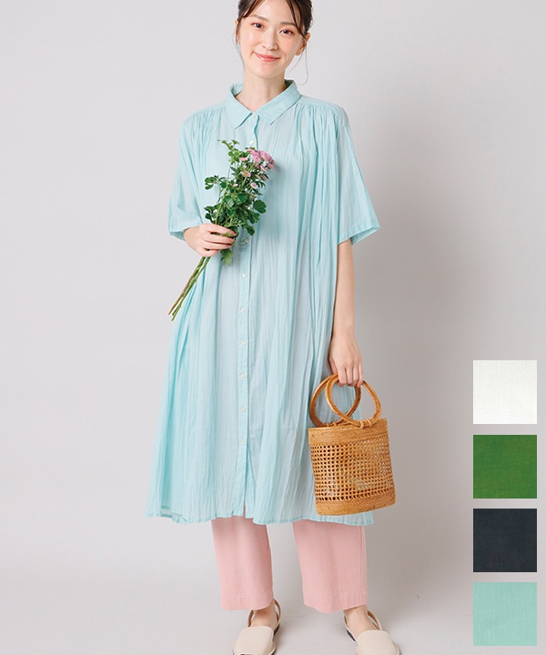 Khadi and Co ピンタックシャツワンピース 薄緑 ライトグリーン S 40%OFF】ピンタック＆クリンクルシャツワンピース｜KANKAN ONLINE SHOP