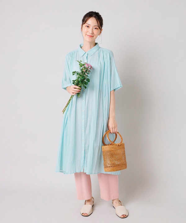 Khadi and Co ピンタックシャツワンピース 薄緑 ライトグリーン S 40%OFF】ピンタック＆クリンクルシャツワンピース｜KANKAN ONLINE SHOP