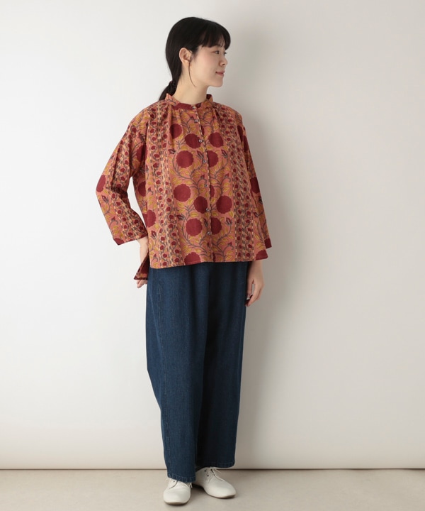 シックな秋色ブロックプリントコットンブラウス｜KANKAN ONLINE SHOP