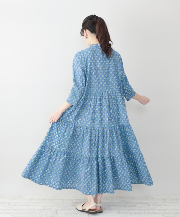 受注販売）ブルーが美しいブロックプリントワンピース – カンタ