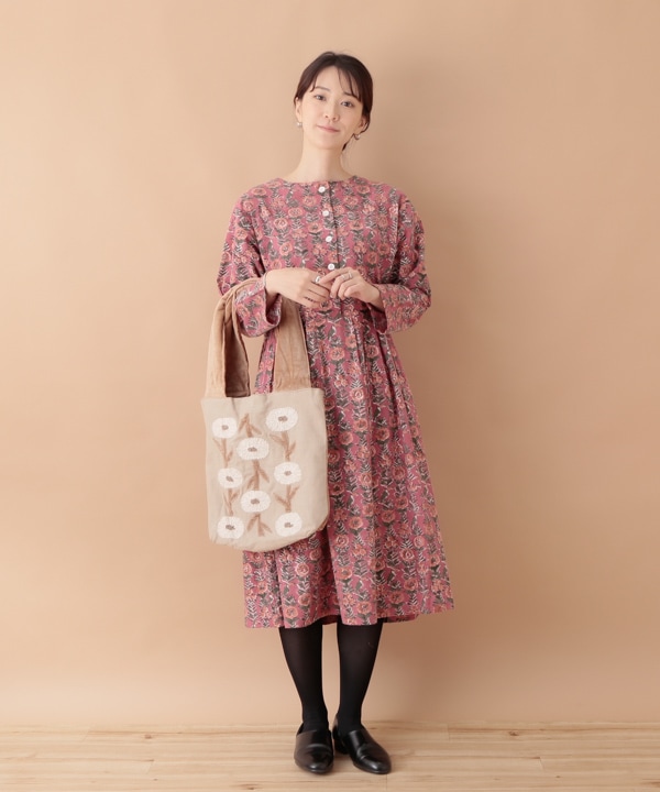 古布 藍染 型押 格子パッチワーク当て布沢山 ワンピース