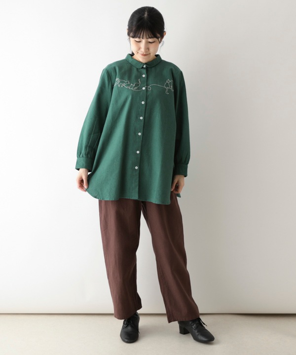 ねこのひと筆刺繍起毛コットンリネンロングシャツ｜KANKAN ONLINE SHOP
