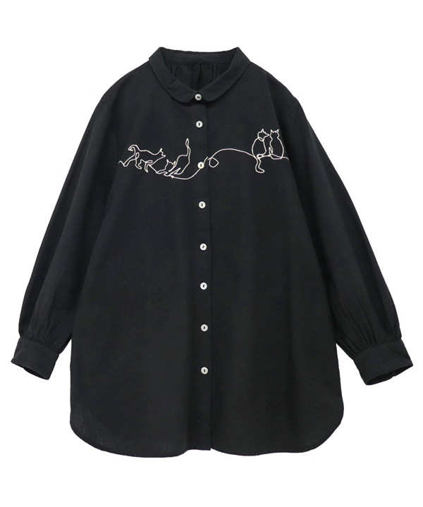 ねこのひと筆刺繍起毛コットンリネンロングシャツ｜KANKAN ONLINE SHOP