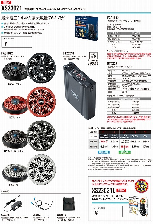 在庫一掃セール！】 XS23021 空調服 14.4Vスターターキット K90