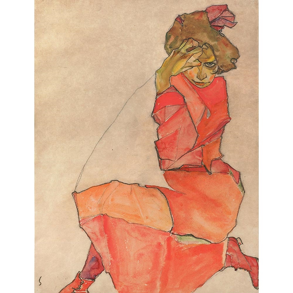 オレンジのドレスでひざまずく女 【6号】 エゴン・シーレ 【 額縁が選べる 額入り 複製画 絵画 】