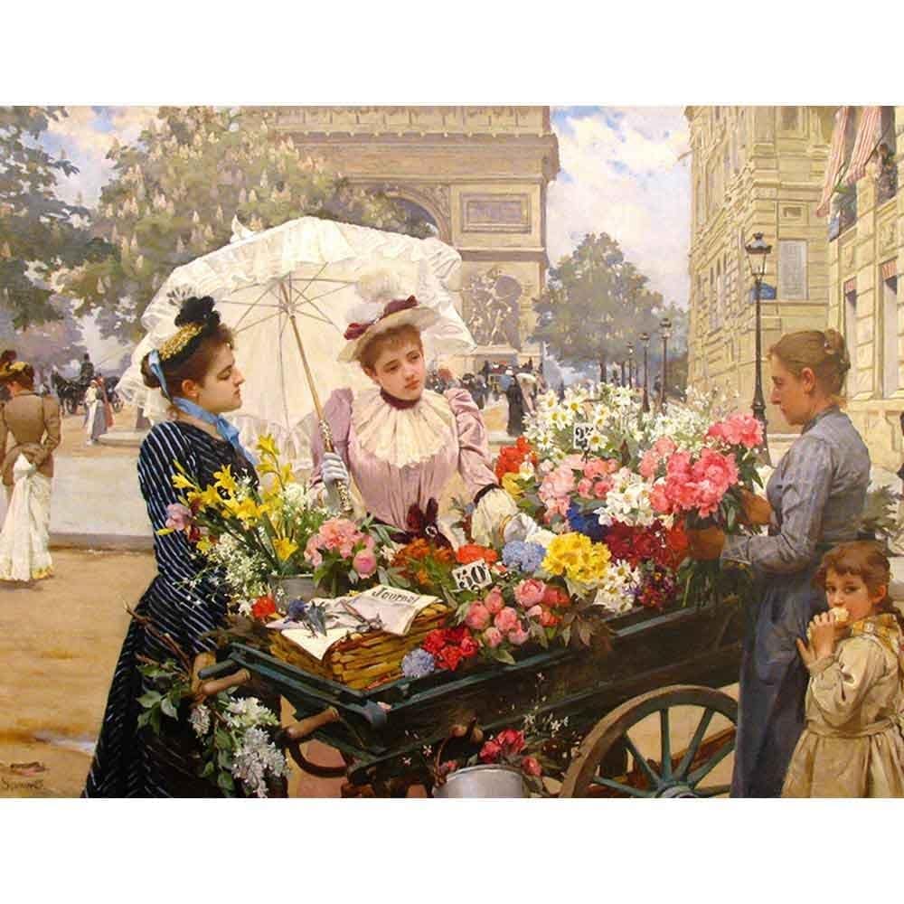 シャンゼリゼ通りの花売り 【15号】 ルイ・マリー・ド・シュライバー 【 額縁が選べる 額入り 複製画 絵画 】