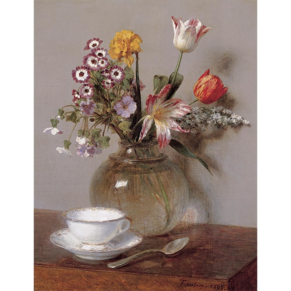 花瓶の花とコーヒーカップ 【15号】 アンリ・ファンタン＝ラトゥール 【 額縁が選べる 額入り 複製画 絵画 】