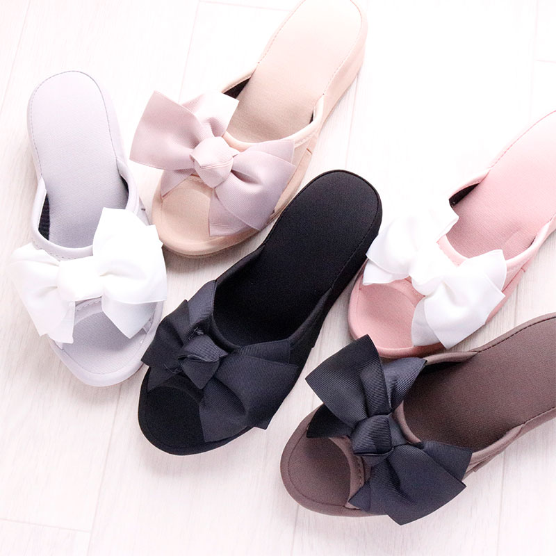 ヒールリボンスリッパ M/L ブラック/ピンク/グレー