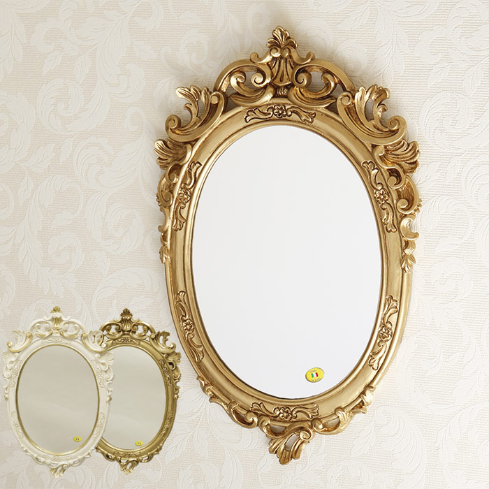 イタリア製 オーバル型 壁掛け鏡 アイボリー/ゴールド