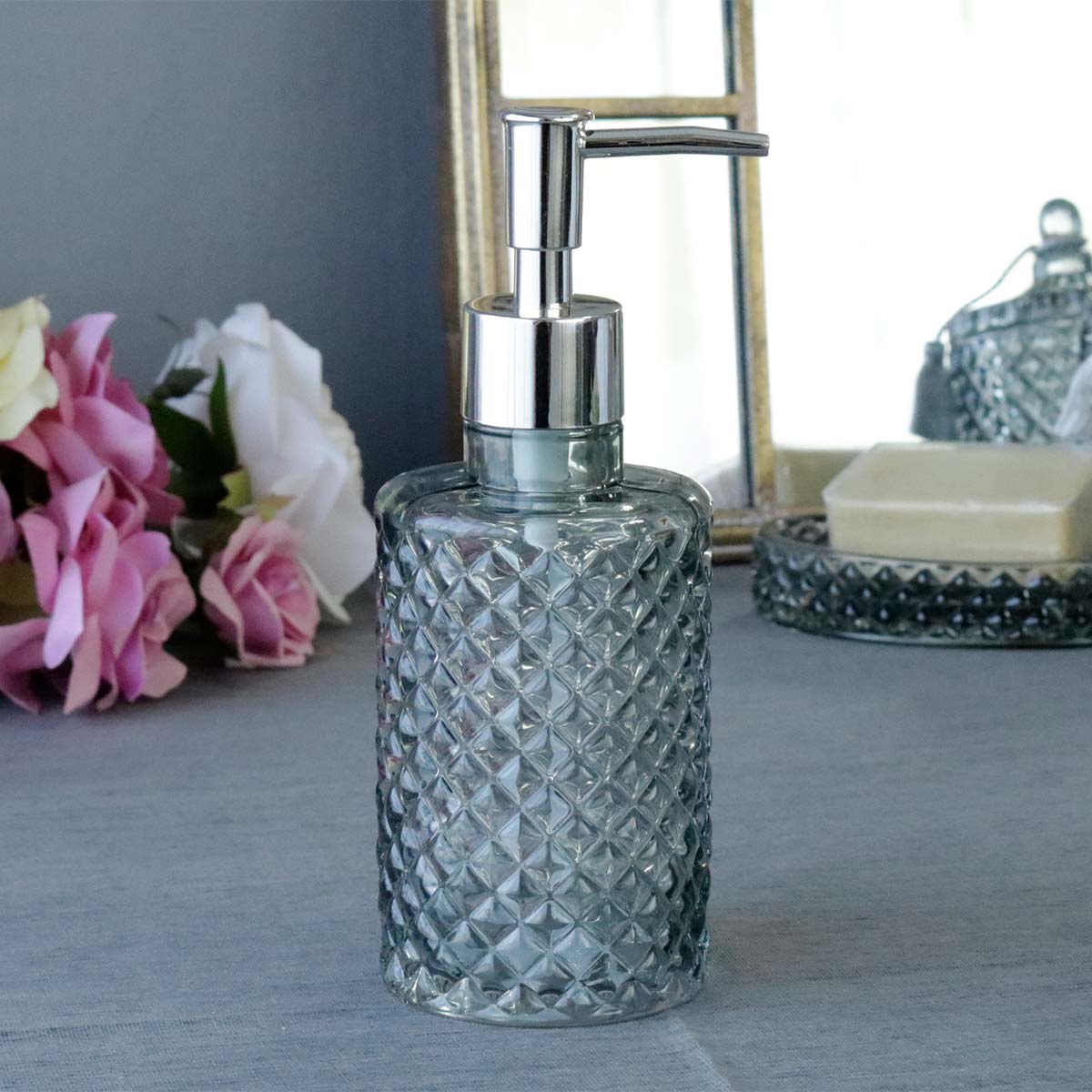 Mathilde M/マチルドエム ディスペンサー ボトル ガラス グレー ダイヤモンド模様