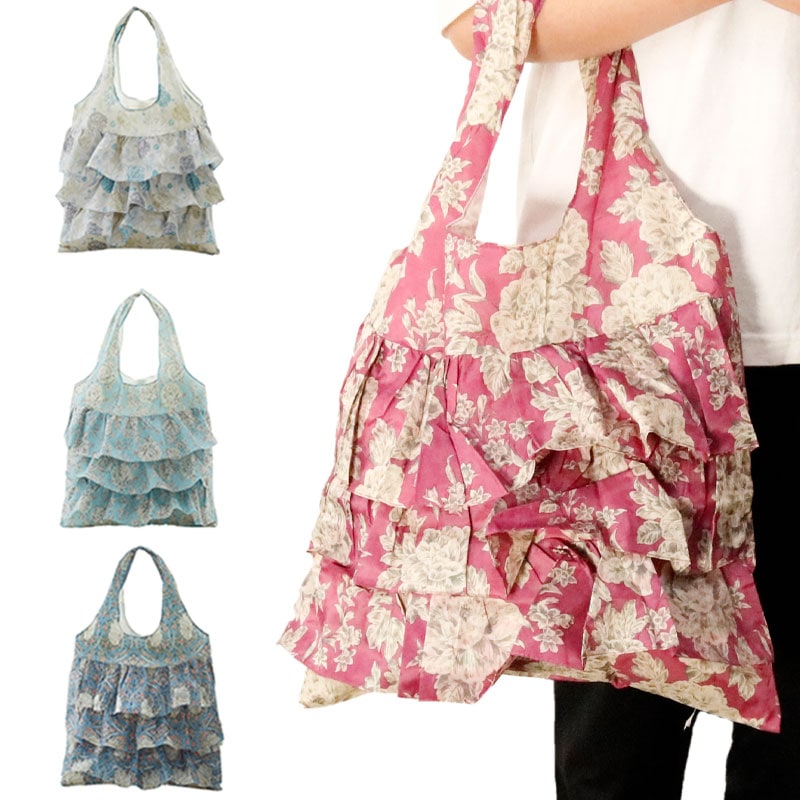フリル エコバッグ 折りたたみ おしゃれ ショッピング  カバン 花柄 かわいい