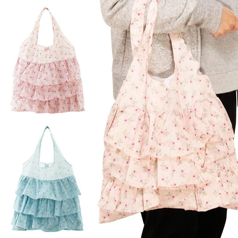 フリル付き エコバッグ 折りたたみ おしゃれ ショッピング カバン 花柄 かわいい