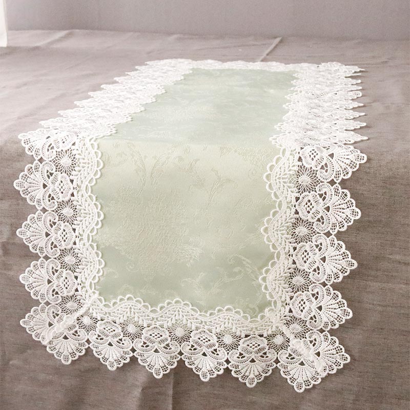 撥水加工 レース付き テーブルセンター ランチマット 35×80cm グリーン ホワイト おしゃれ