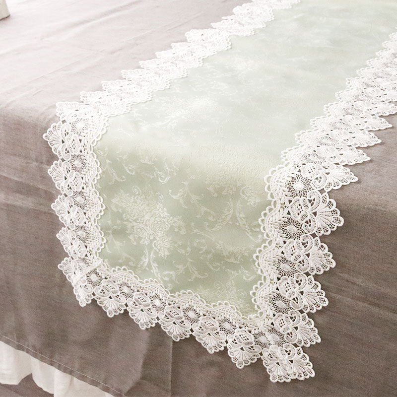 撥水加工 レース付き テーブルセンター ランチマット 40×120cm グリーン ホワイト おしゃれ