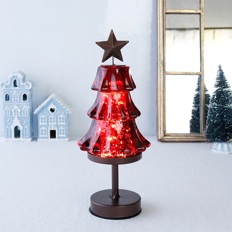 クリスマス ツリー 卓上 グラスツリー ランプ レッド LED 22cm 電池式 アンティーク調 インテリア ガラス
