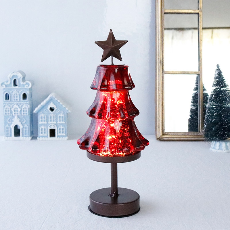 クリスマス ツリー 卓上 グラスツリー ランプ レッド LED 22cm 電池式 アンティーク調 インテリア ガラス