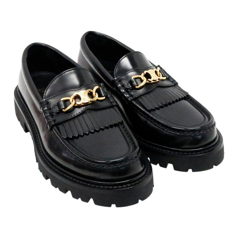 中古 美品 CELINE / セリーヌ トリオンフ チェーン付 マーガレット ローファー ブラック サイズ36