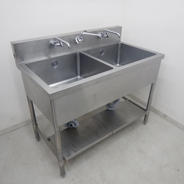 2槽シンク 中古 蛇口3個付き バックガードあり | 板金（シンク・作業