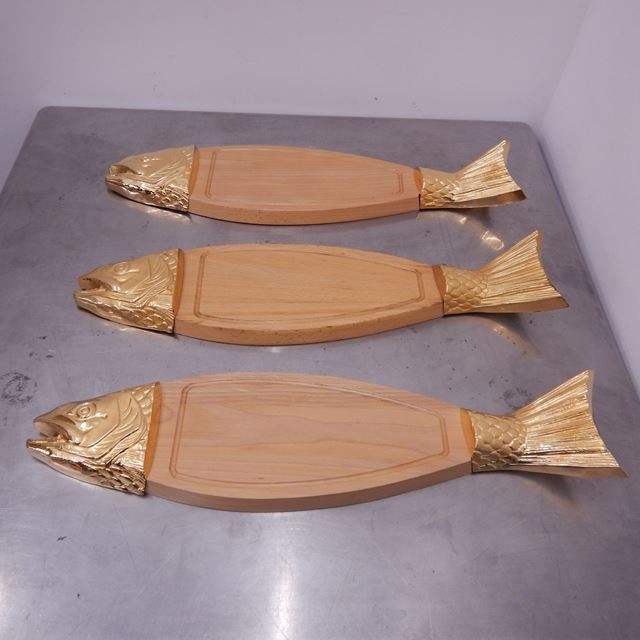魚型盛皿 サーモンプレート 中古 全長530mm 木目調 3点セット | すべて