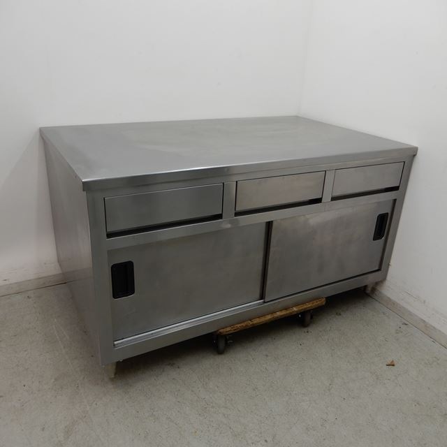 調理台 中古 W1500×D900×H800mm 引き出し3個付き 両面引き戸タイプ