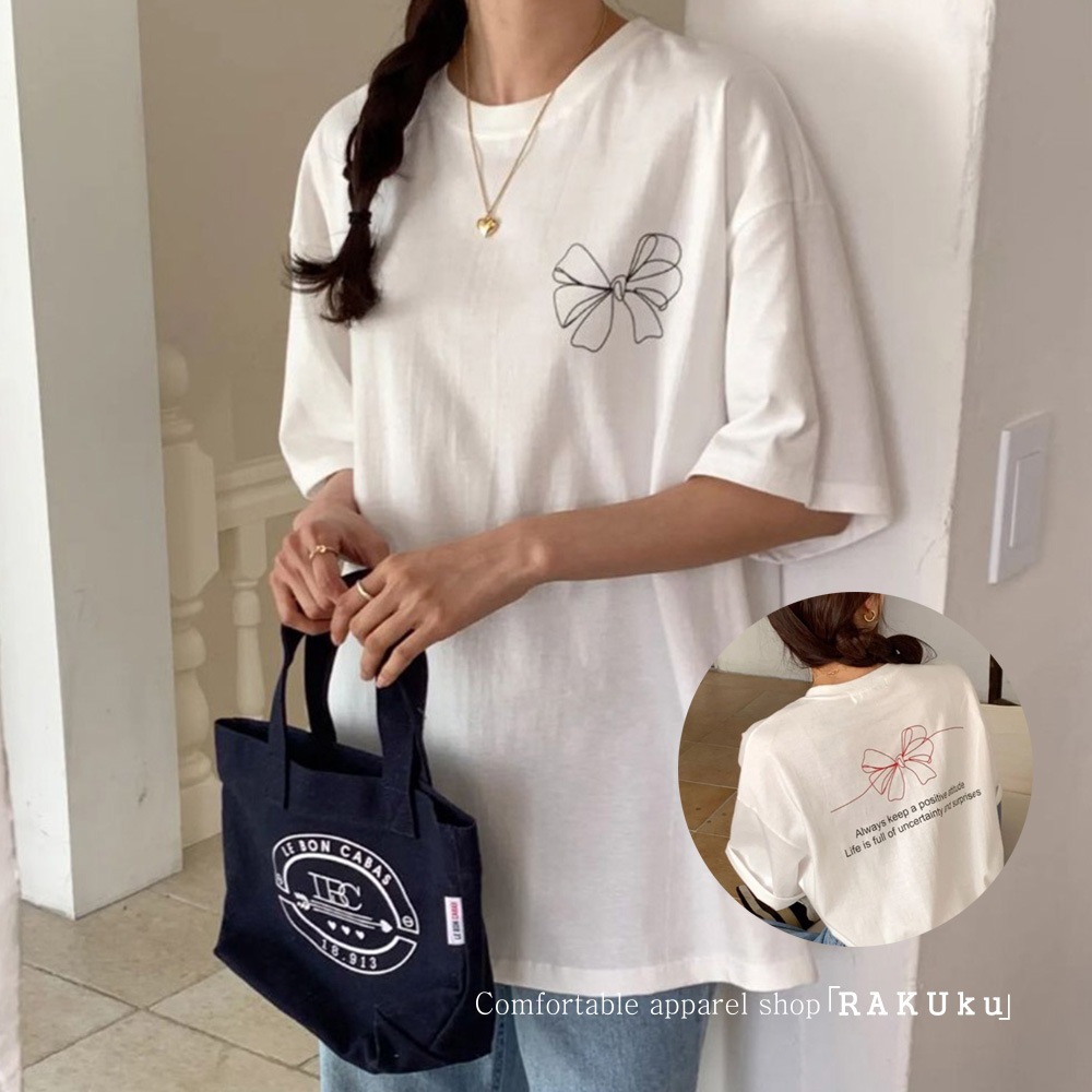 リボン プリント Tシャツ】 シンプル バックロゴT リボン プルオーバー