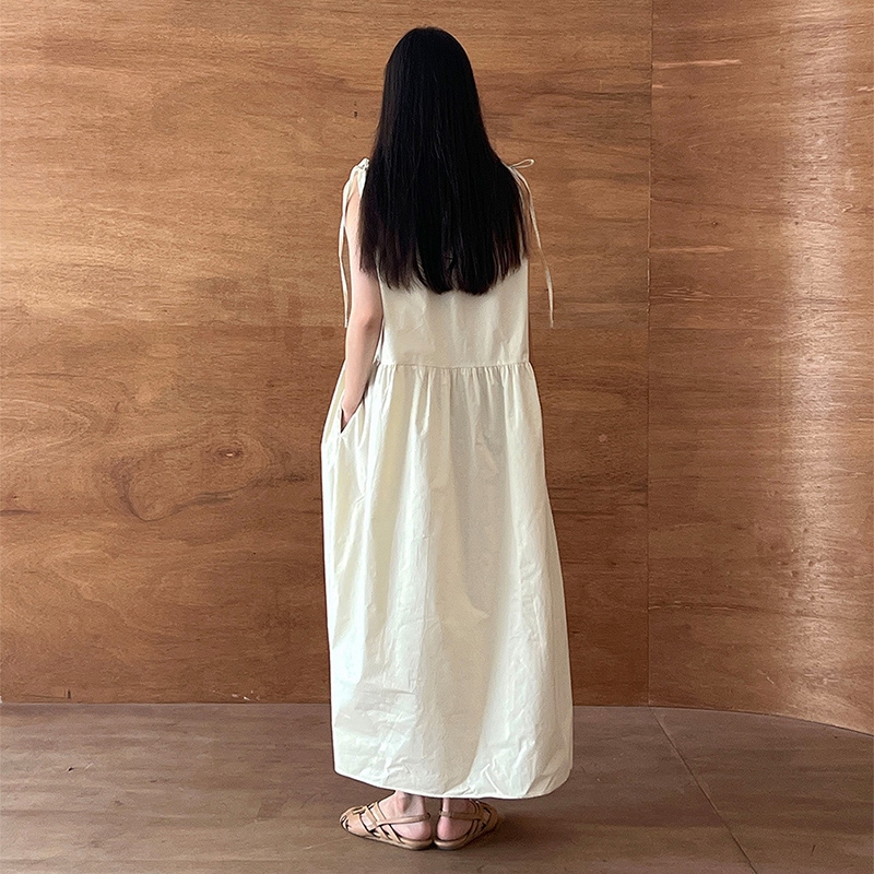 肩リボンギャザーノースリーブワンピース】体型カバー ゆったり