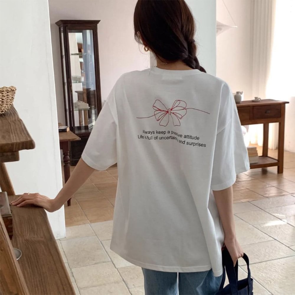 リボン プリント Tシャツ】 シンプル バックロゴT リボン プルオーバー