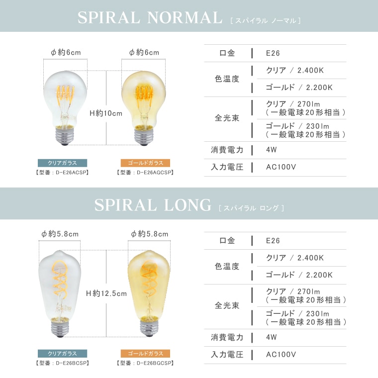 E26スパイラル ロングゴールド(調光器対応)_D-E26BGCSP