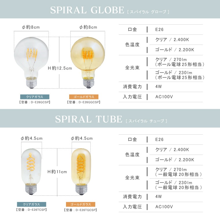 E26スパイラル チューブクリア(調光器対応)_D-E26TCSP
