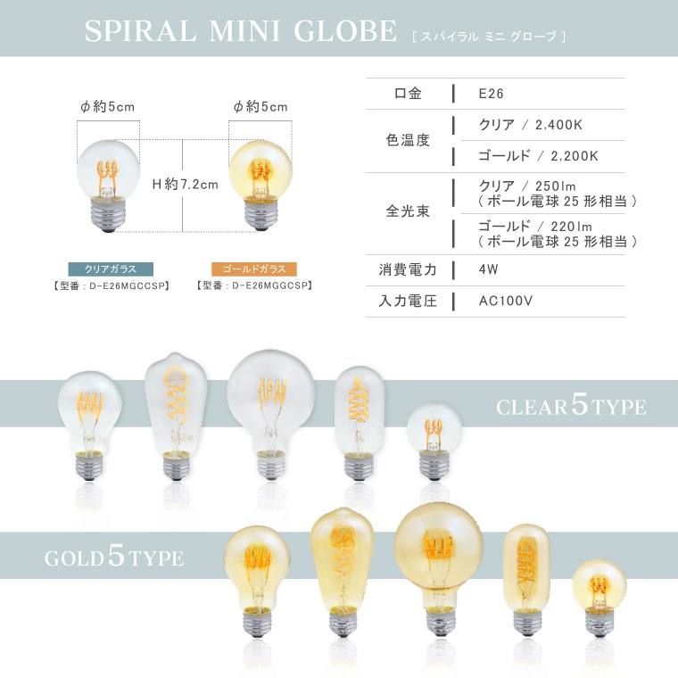 E26スパイラル ミニGLOBEゴールド(調光器対応)_D-E26MGGCSP