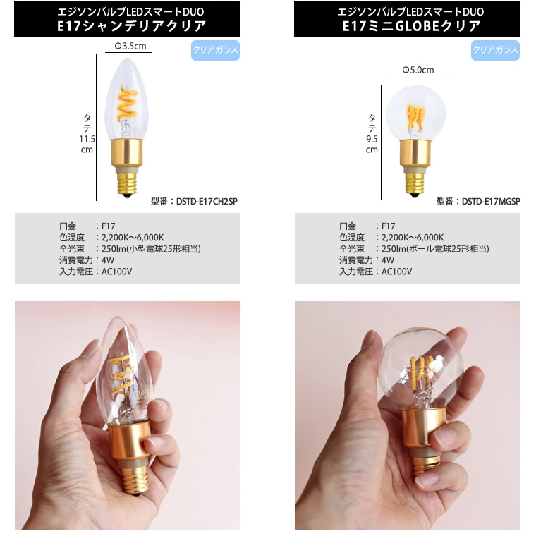 エジソンバルブLEDスマートDUO E17ミニGLOBEクリア エジソンバルブLEDスマートDUO E17ミニGLOBEクリア(Wi-Fi電球