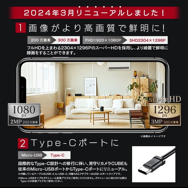 エジソンスマート 見守りカメラCUBE ＋ 専用ダクトレール変換プラグセット Type-C