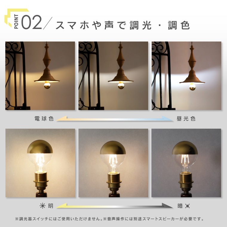エジソンバルブLEDスマートDUO E26 GLOBE ハーフミラー ゴールド(Wi-Fi電球)