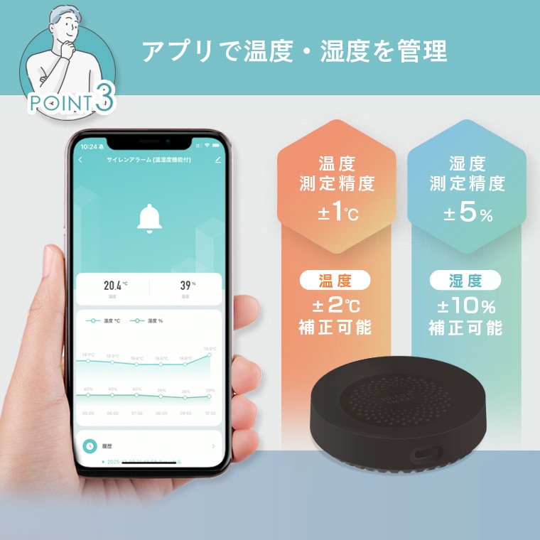 エジソンスマート 温度湿度センサー付きサイレンアラーム ホワイト(Wi