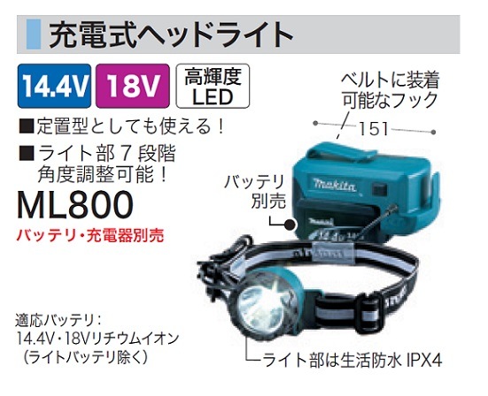 マキタ ML800 14.4V/18V対応充電式ヘッドライト バッテリ・充電器別売