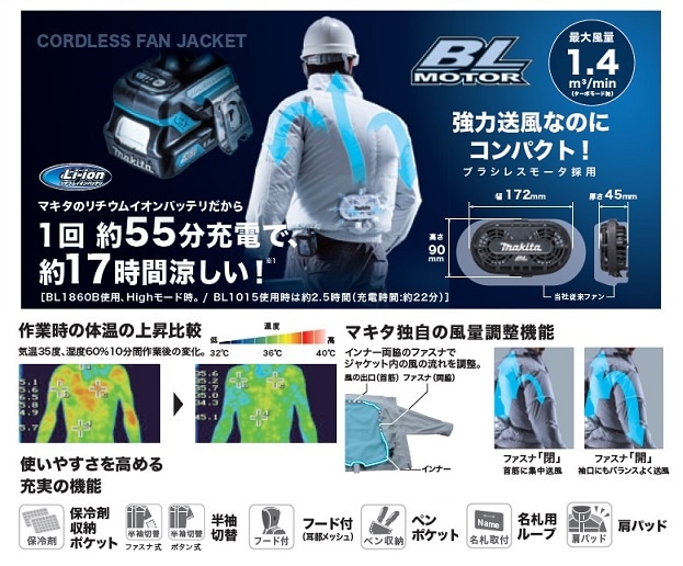 マキタ 充電式ファンジャケット サイズM ＜FJ500DZ(M)＞綿・ポリエステル